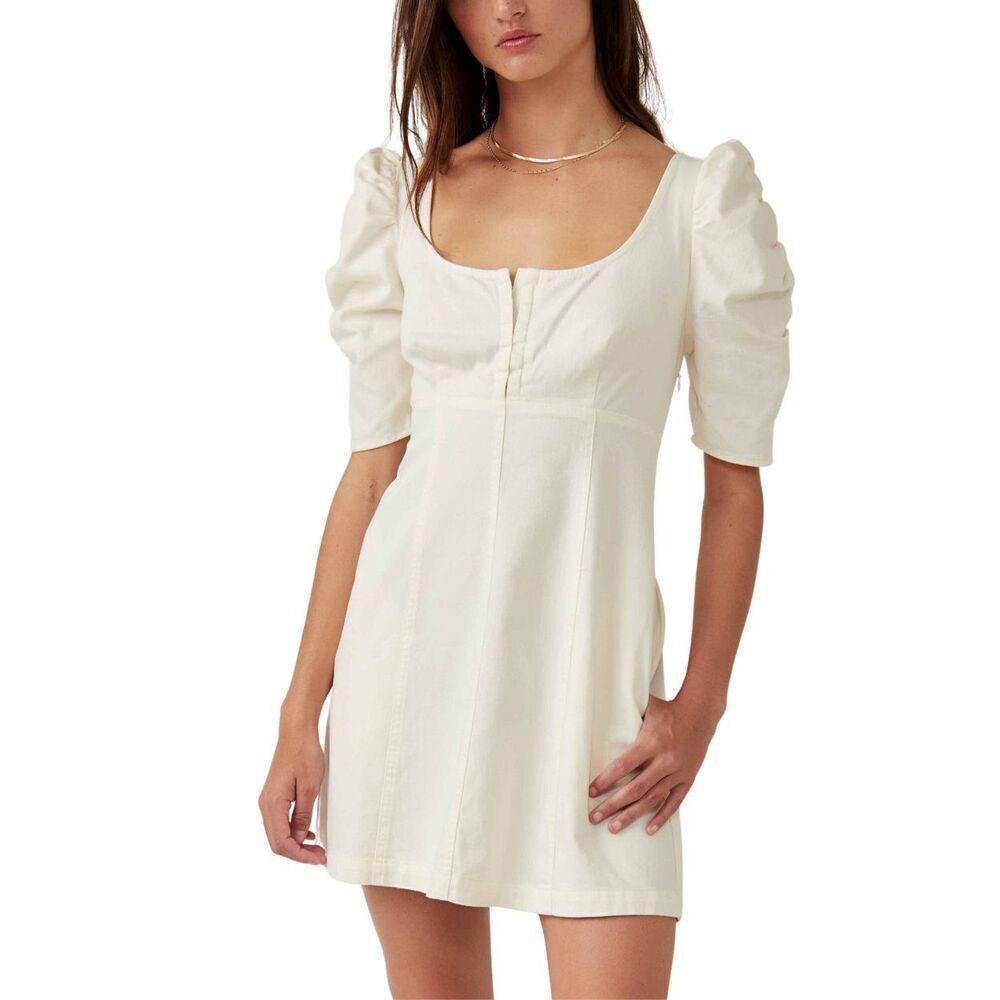 NWT Free People Cheyenne Puff Sleeve Denim Mini Dress in Ivory Size M